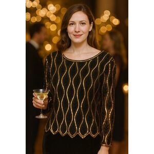 Stenay Vintage Formal Silk Top Green Gold Size Womens Size XL‎ Sequin Round Neck